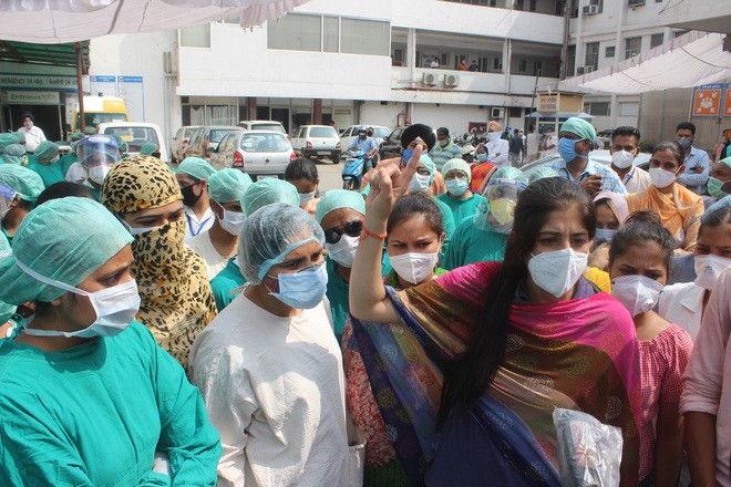 Sans PPE kits, staff at GTB Hospital Ludhiana protest