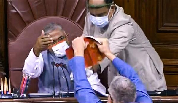 Heated debate on farm Bills in RS; Opposition members tear papers, heckle presiding officer