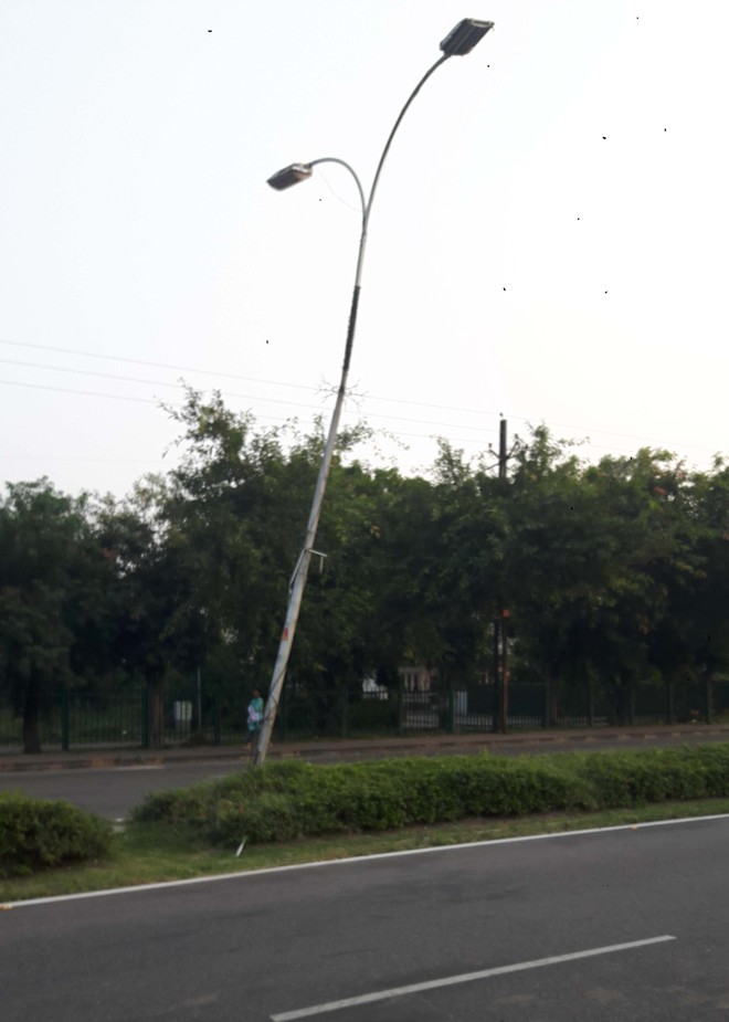 Tilted high-risk electricity poles in Panchkula