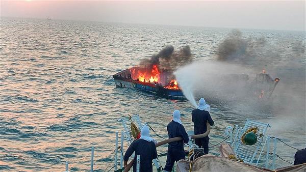Coast Guard ship rescues 7 crew members of fishing boat on fire off Gujarat coast