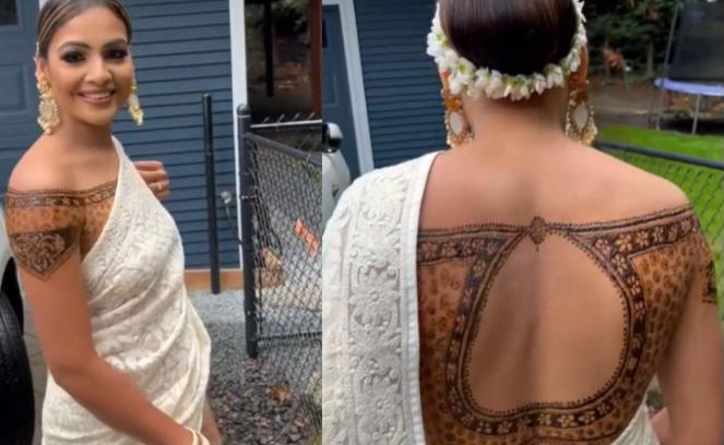 Shamless, kuchh to sharam karo: Woman gets brutally trolled for wearing mehndi design in place of her blouse with saree, watch video