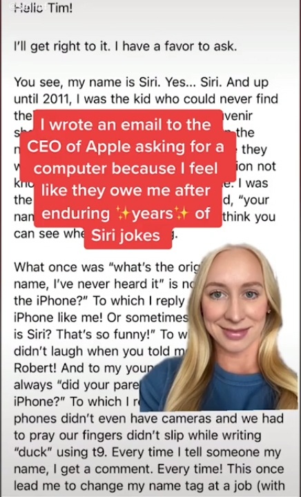 A woman, named Siri, asks Apple CEO Tim Cook for a free computer after 'years of jokes'
