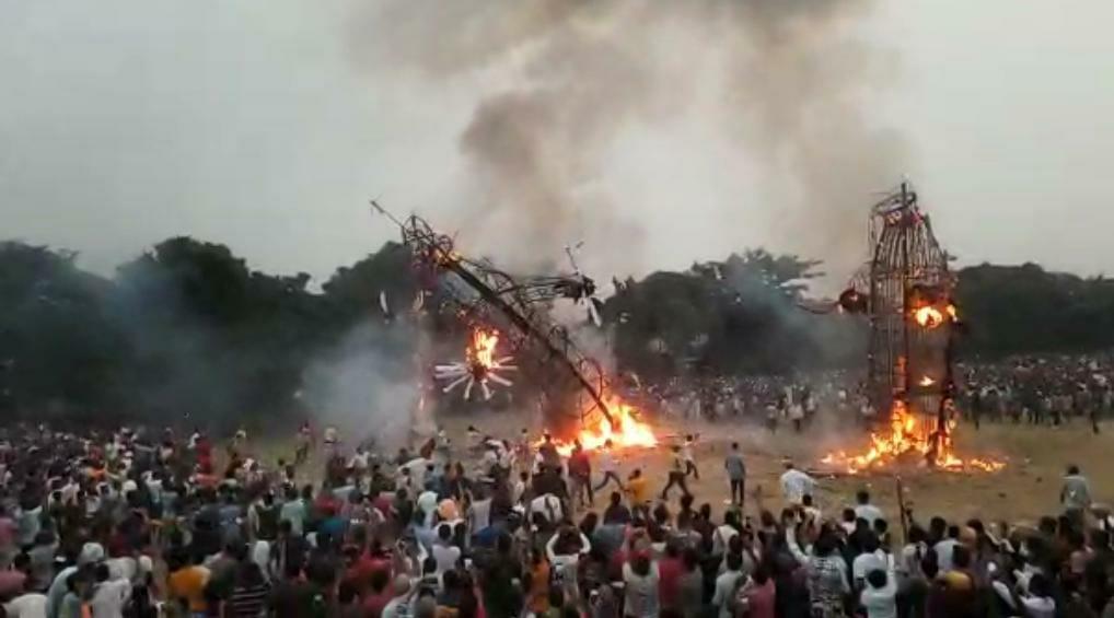 Narrow escape for Dussehra revellers as burning effigy of Ravana falls in Haryana’s Yamunanagar
