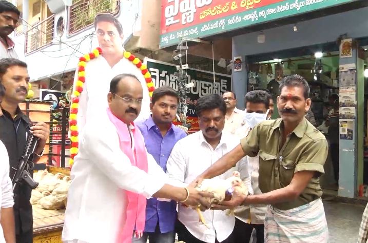 Watch: TRS leader distributes live chicken, liquor to celebrate launch of national party