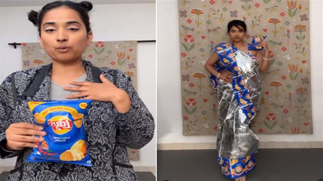 Love for blue Lays takes a fashionable shape; girl makes sari out of the chips wrapper