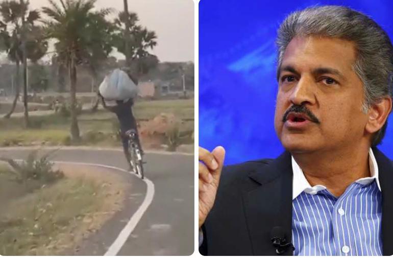 Viral video: Anand Mahindra hails man balancing sack on his head while riding a bicycle, calls him ‘human segway’