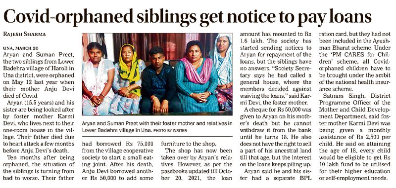 Himachal files report before HC panel over loan notice to Covid-orphaned Una siblings