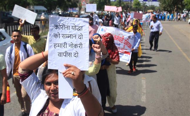Sacked Haryana health staff want jobs back, hold march in Panchkula