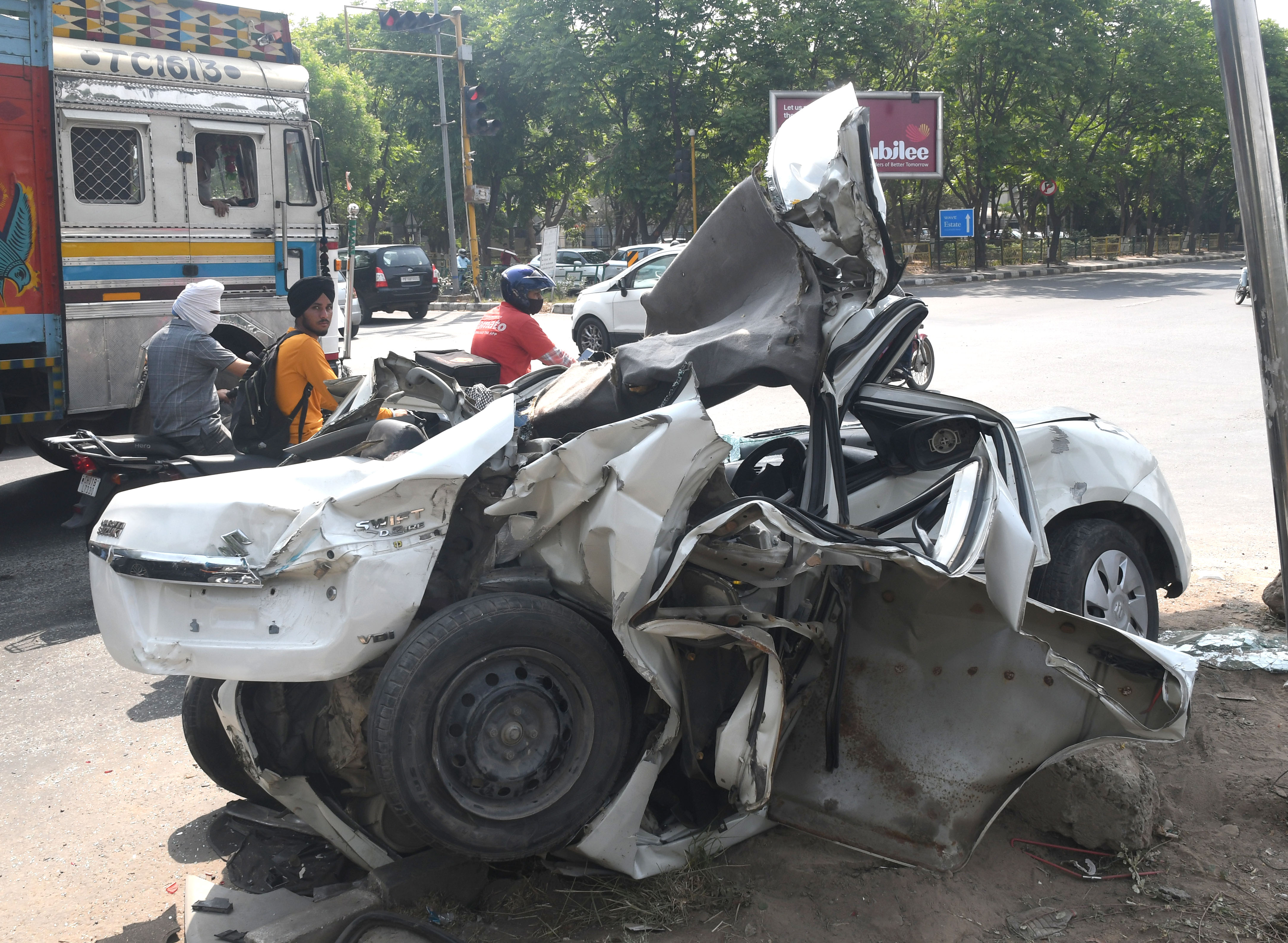 Car, tractor-trailer collide on Airport Road in Mohali, two injured