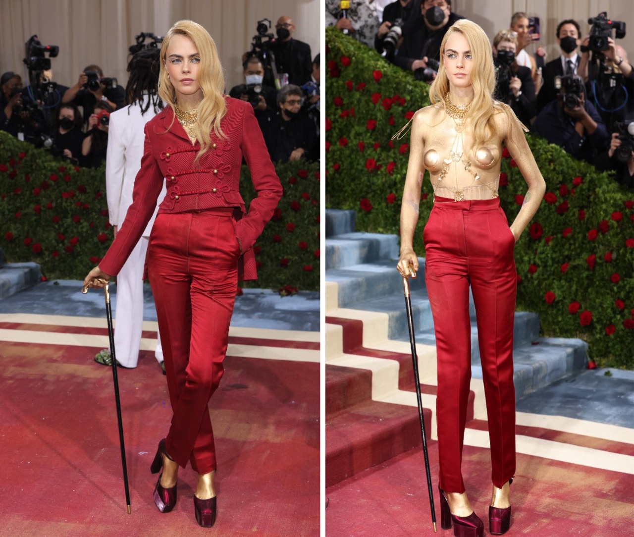 næve tælle Løse Cara Delevingne goes topless to show gold-painted body on Met Gala red  carpet