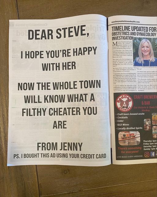 Jilted lover lays out full page newspaper ad to expose her cheating ex, pays for advert using latter’s credit card