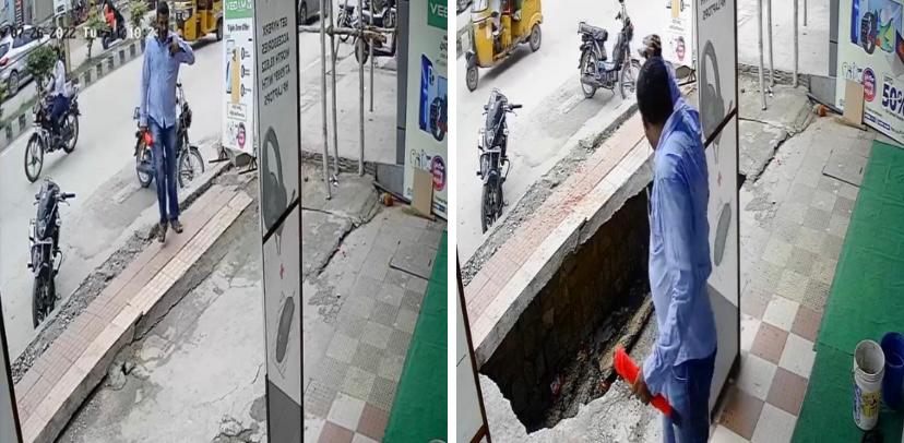Man averts big mishap as sewer slab collapses seconds after he crosses over it, see hair-raising video