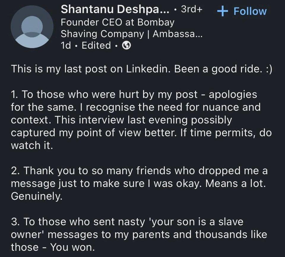 To those who called me slave owner,' Shantanu Deshpande quits LinkedIn  with apology and defence