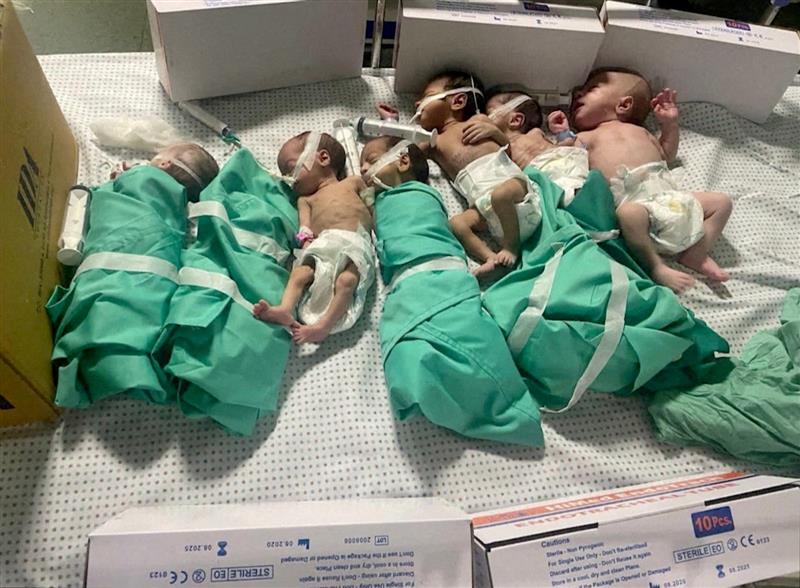 Heartbreaking image of 7 babies bundled together for warmth in desperate bid to save their lives after power outage in Gaza hospital