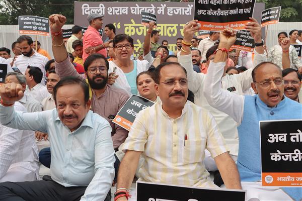 BJP leaders stage dharna at Rajghat, demand Delhi CM Kejriwal's resignation