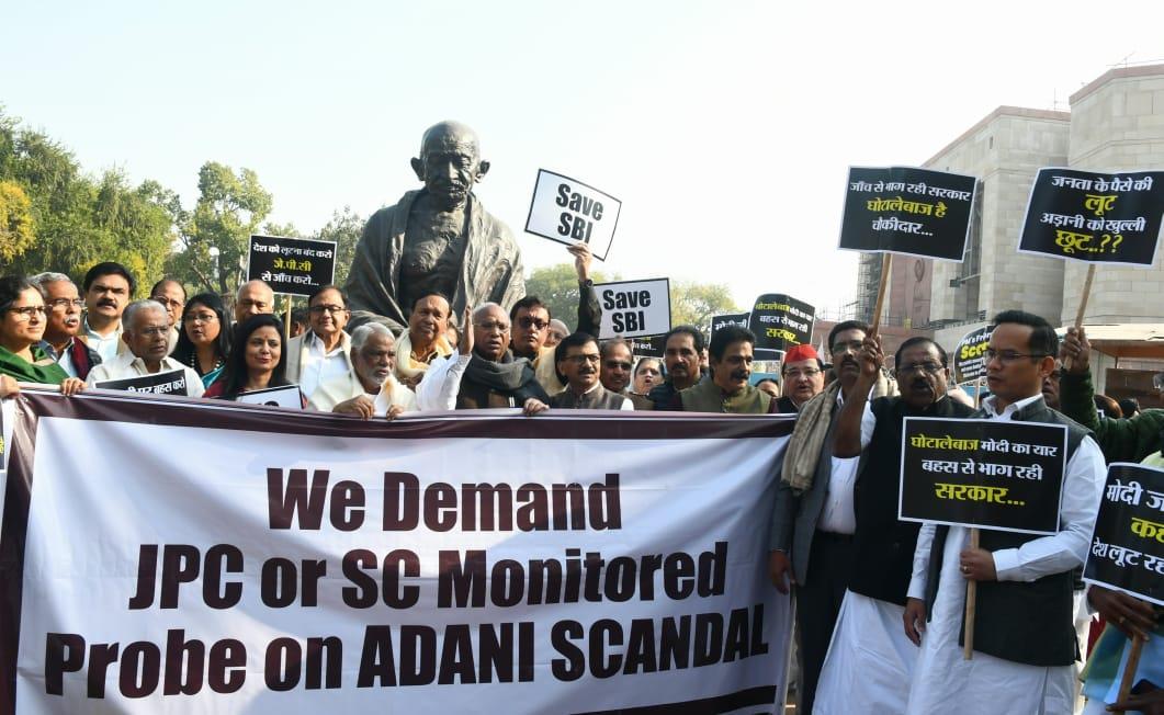 Opposition parties hold demonstration on Parliament premises on Adani issue