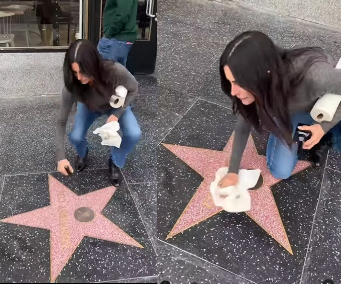 Viral Video Is That Courteney Cox Or Monica Geller Of Friends Cleaning Hollywood Walk Of Fame 
