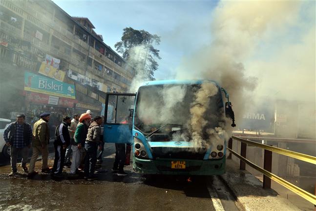 HRTC bus catches fire in Shimla
