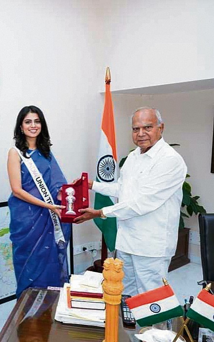 Governor Banwarilal Purohit honours Miss India UT Navya Naveen Kalra