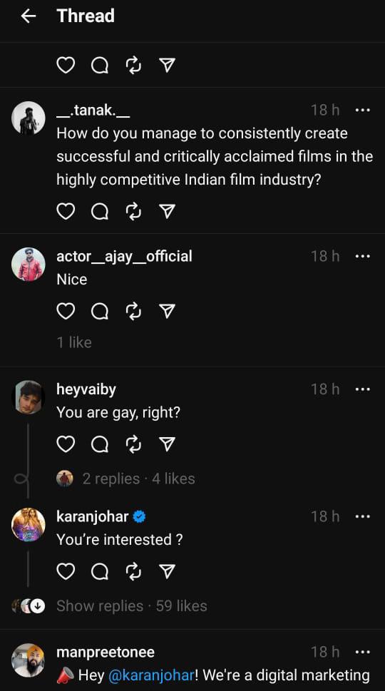 This is how Karan Johar reacted when a user on Threads asked him if he's gay