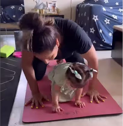 Bipasha Basu’s daughter tries to spell her name in workout video posted by mom