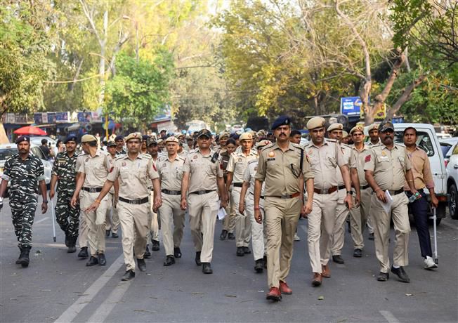 Security forces patrol central Delhi amid AAP call for protest at Shaheedi Park