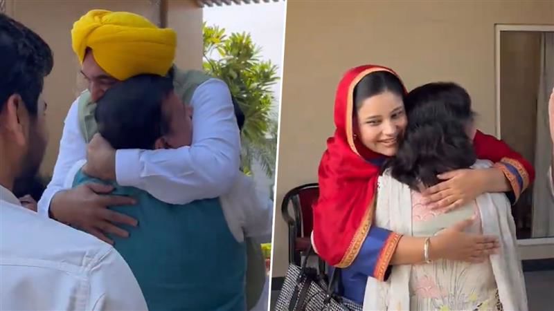 Warm greetings and a tight hug: Bhagwant Mann meets AAP’s Sanjay Singh at Punjab CM’s residence in Chandigarh