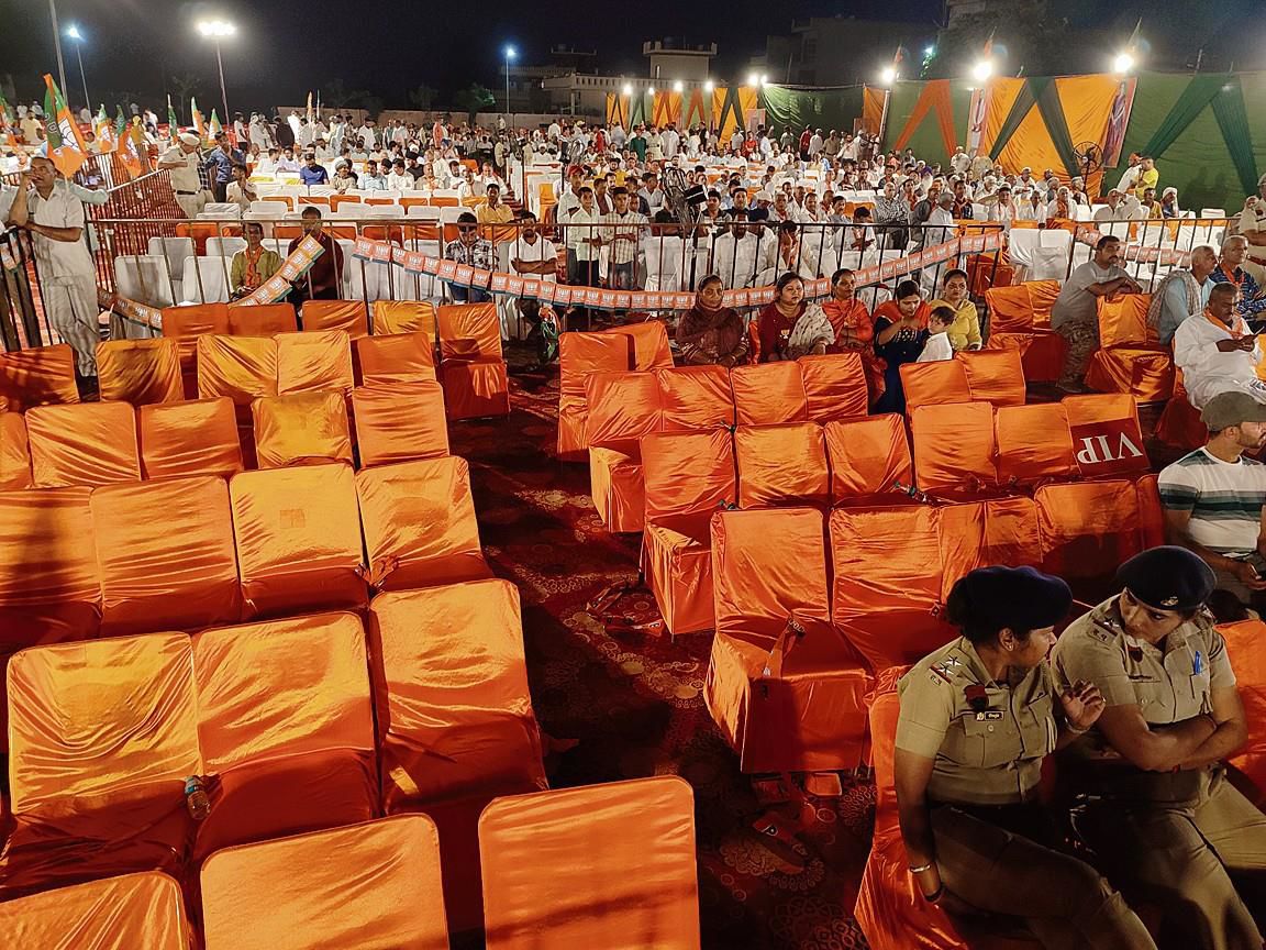 Empty chairs at Haryana CM Nayab Singh Saini’s poll rally for Kataria in Raipur Rani