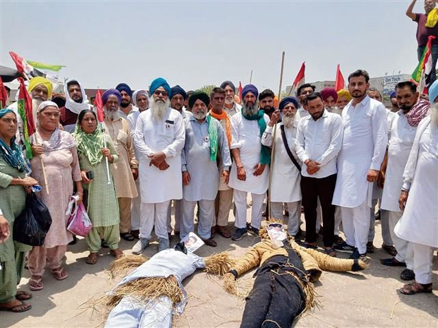 Farmers burn effigies of BJP leaders in Jakhal area of Fatehabad district