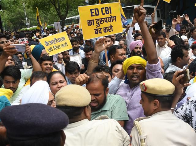 AAP holds protest near BJP's headquarters, demands Delhi CM Arvind Kejriwal's release