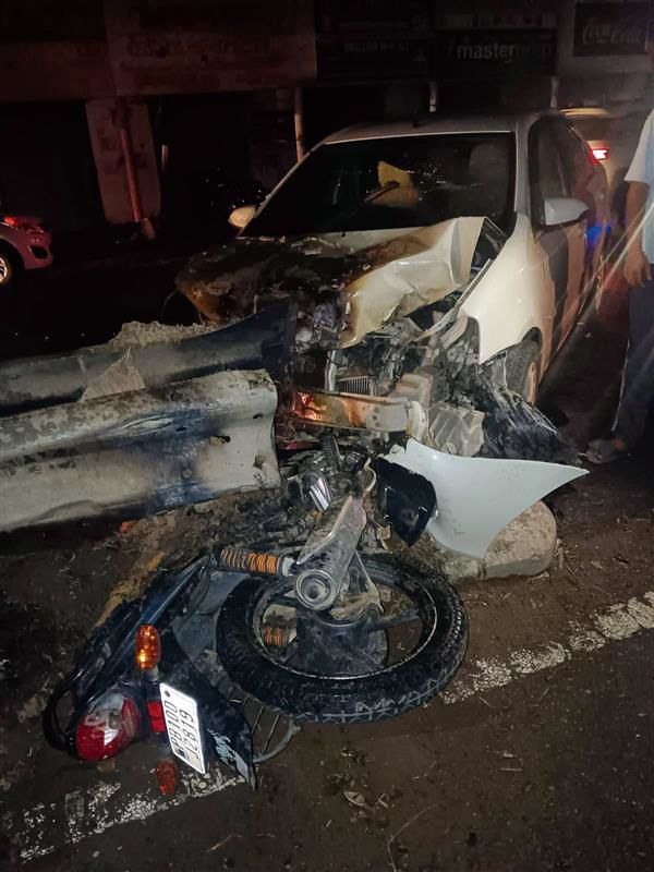 Bike, car catch fire after collision, father-son duo seriously hurt